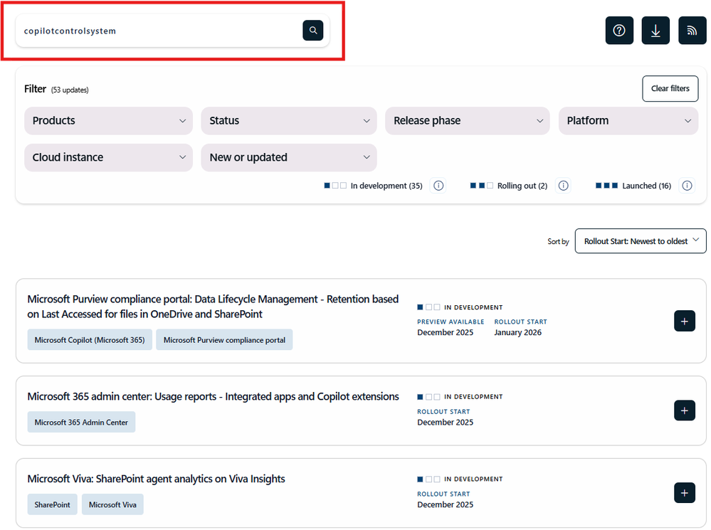 Copilot 制御システムの機能を Microsoft 365 の公開ロードマップですばやく検索