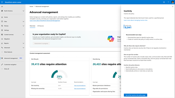 Enlarge Image A computer screenshot of the SharePoint admin center on the Content Management Assessment
