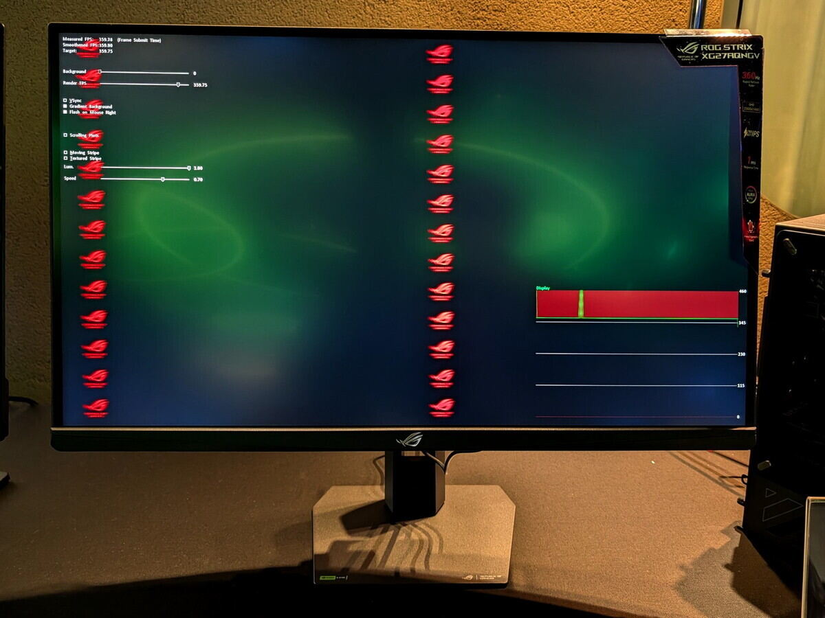 さりげなく、NVIDIA G-Sync Pulsarを搭載して4月17日から順次発売予定の「ROG Strix XG27AQNGV」も展示