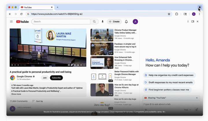 ChromeのGeminiを使えば、YouTube動画の要点を簡単に確認できます。