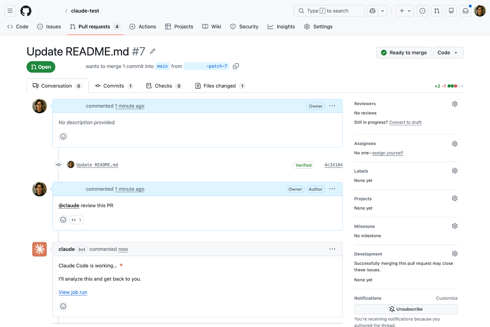 Claude Code ActionによるPRの自動コードレビュー。@claudeメンション後にClaude Codeが分析を開始している画面