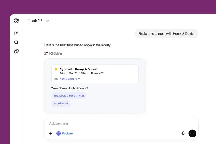 ChatGPT用Reclaim AIアプリの操作画面