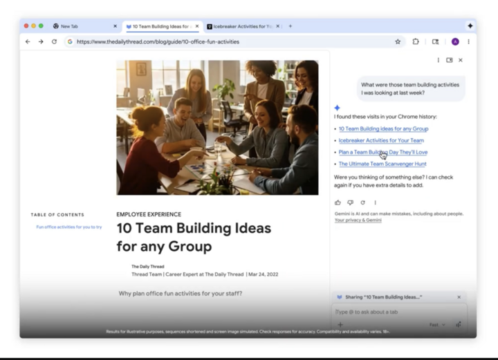 ChromeのGeminiは、複数のタブを開いた状態でも動作します。