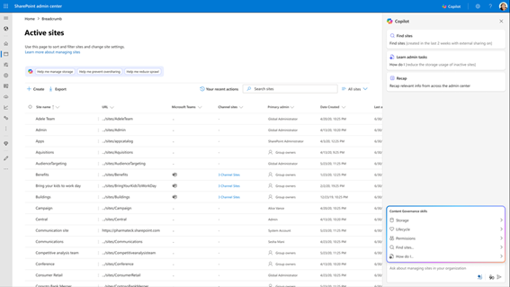 Enlarge Image A computer screenshot of the SharePoint admin center with the Active sites page displayed and the SharePoint Admin Agent open on the left side of the screen.