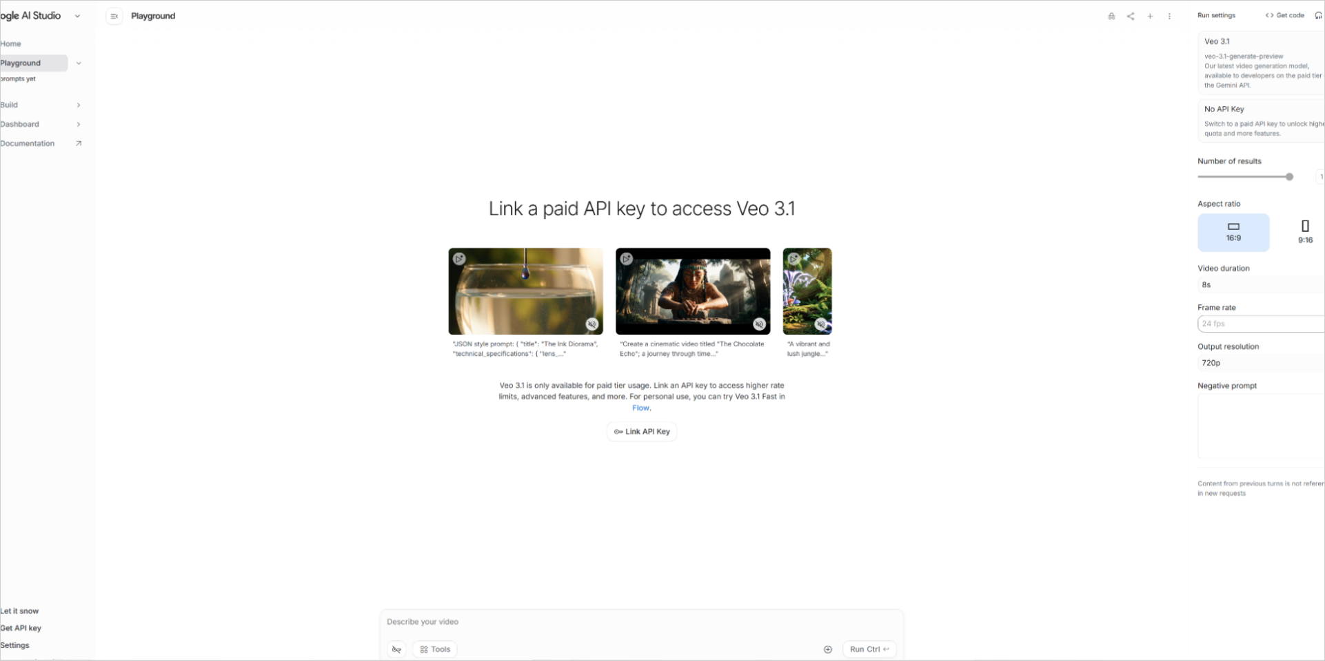 Veo 3.1の動画生成画面に「Link a paid API key to access Veo 3.1」と表示され、APIキーの紐づけを促している状態