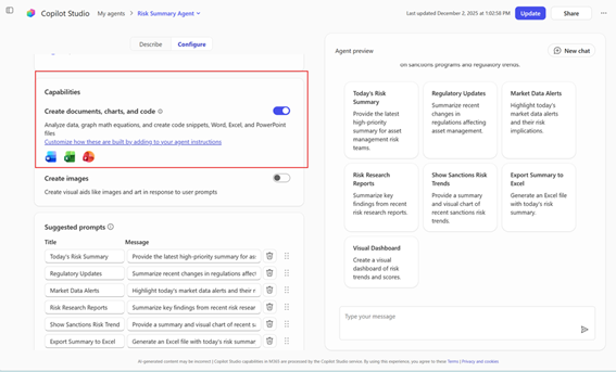 Enlarge Image Image of a Risk Summary Agent being created in Copilot Studio Agent Builder with the Create documents, charts, and code capability toggled on.
