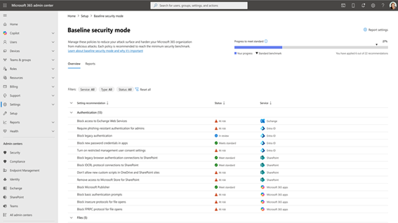 Enlarge Image The Microsoft 365 admin center on the Baseline security mode page with a list of policies to manage.