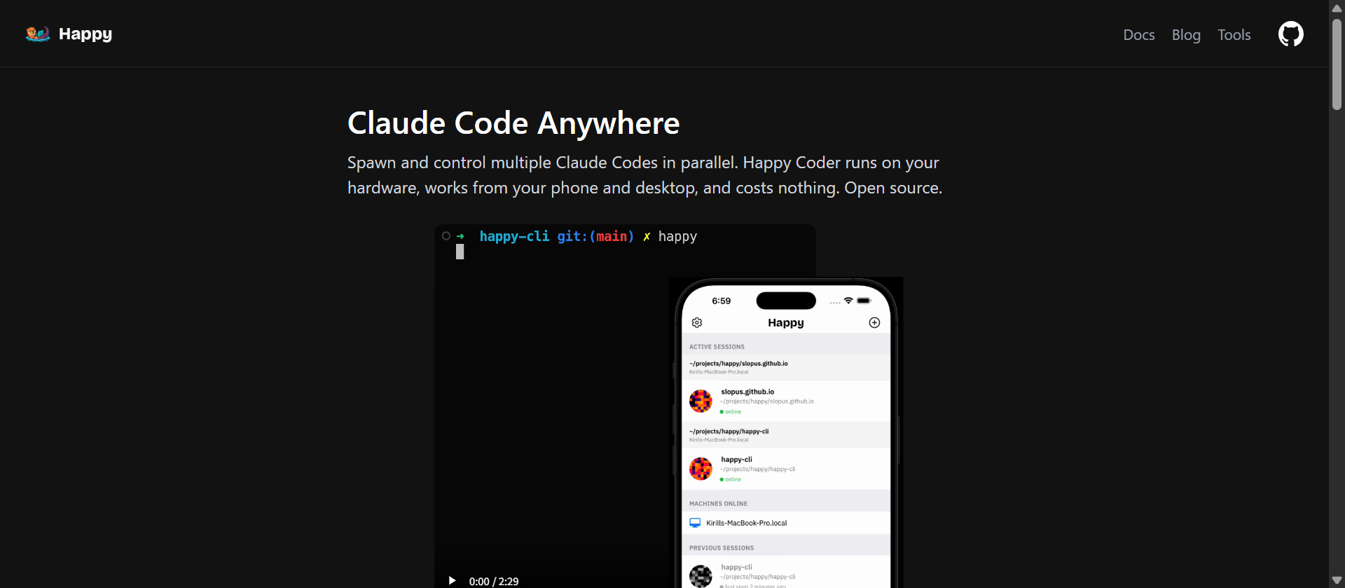 Happy Coderの公式サイト。スマホとPCからClaude Codeを操作できるオープンソースツールの紹介画面
