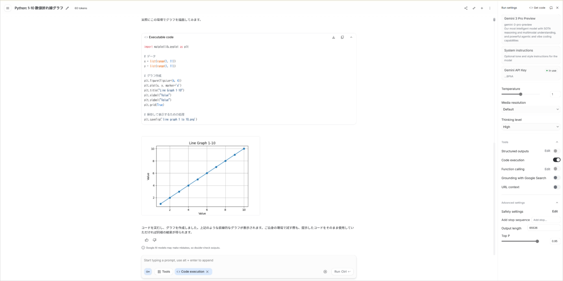 AIがPythonコードを自動生成・実行し、折れ線グラフの画像を含む回答を出力した結果画面