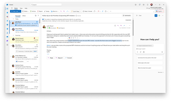 Outlook で開いたメールと並べて Copilot Chat を使用する場合、Copilot はその開いているメールに基づいて会話をするようになります。