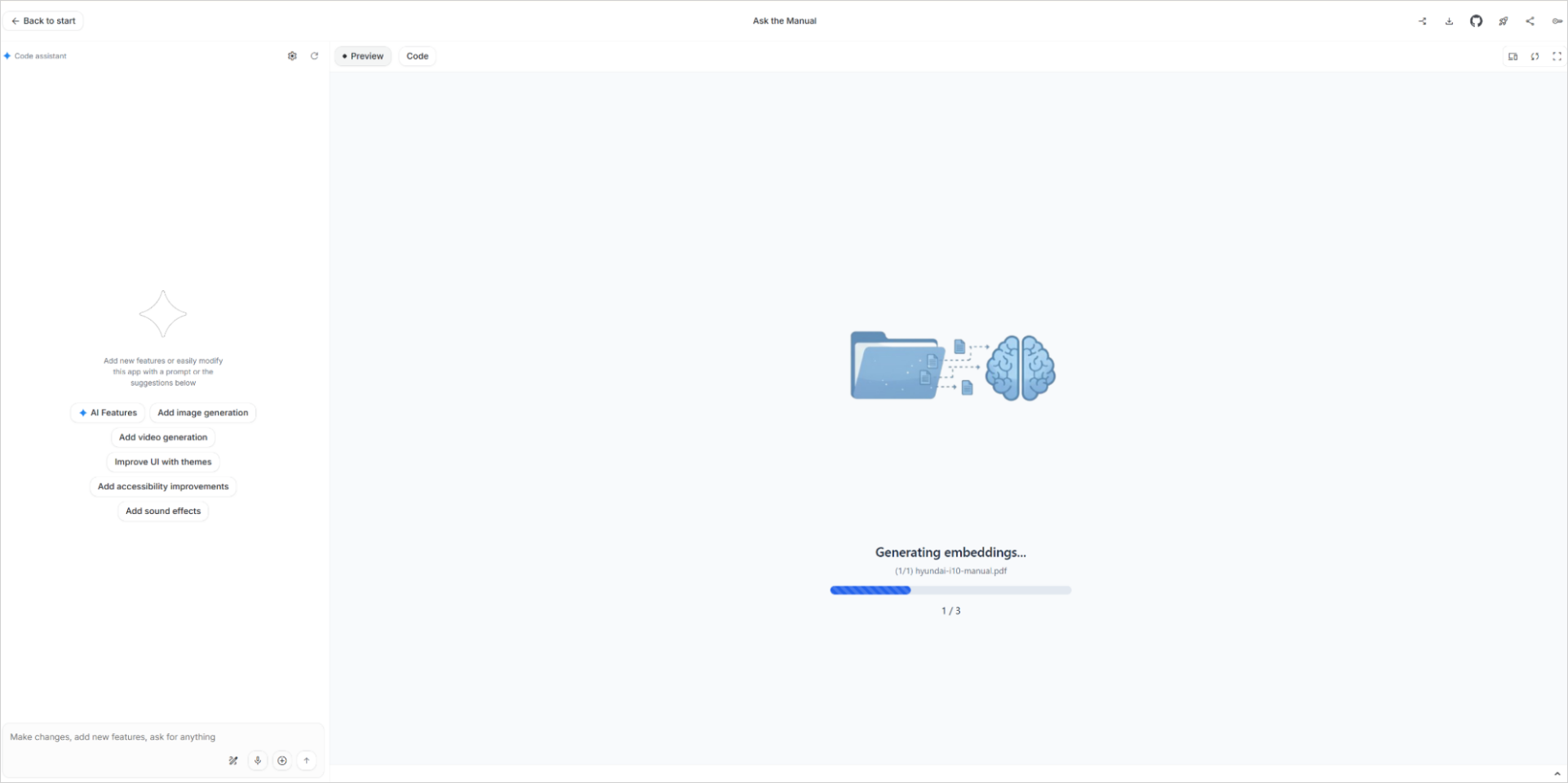 ファイルのインデックス生成（Generating embeddings）が進行中の画面