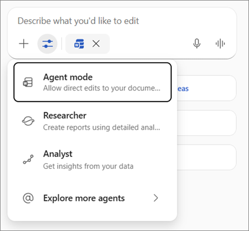 Enlarge Image A screenshot of the Copilot menu showing the drop down selection for Agent mode.