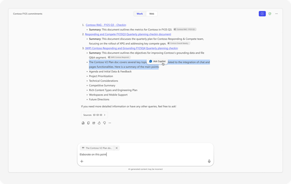 Copilot Chat でのテキスト選択とグラウンディングの拡張