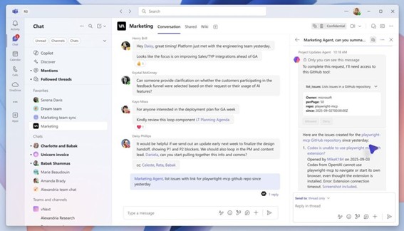 Enlarge Image A screenshot in the Microsoft Teams app showing a Channel agent called Marketing.