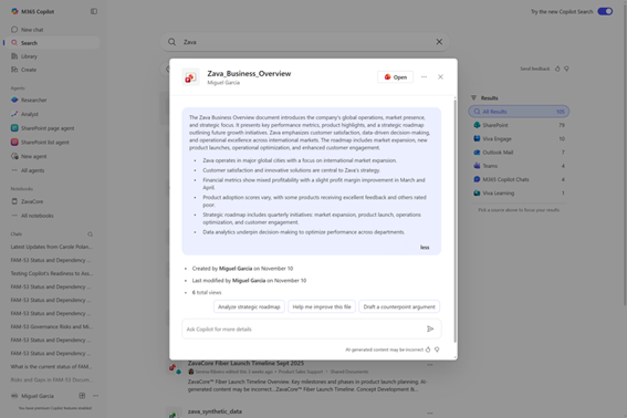 Enlarge Image A screenshot of the Microsoft 365 Copilot app on the Search module with a field displaying a summary of a document.