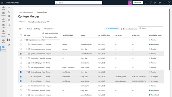 Enlarge Image The Microsoft Purview app showing a Data risk assessment list for a SharePoint site called Contoso Merger.