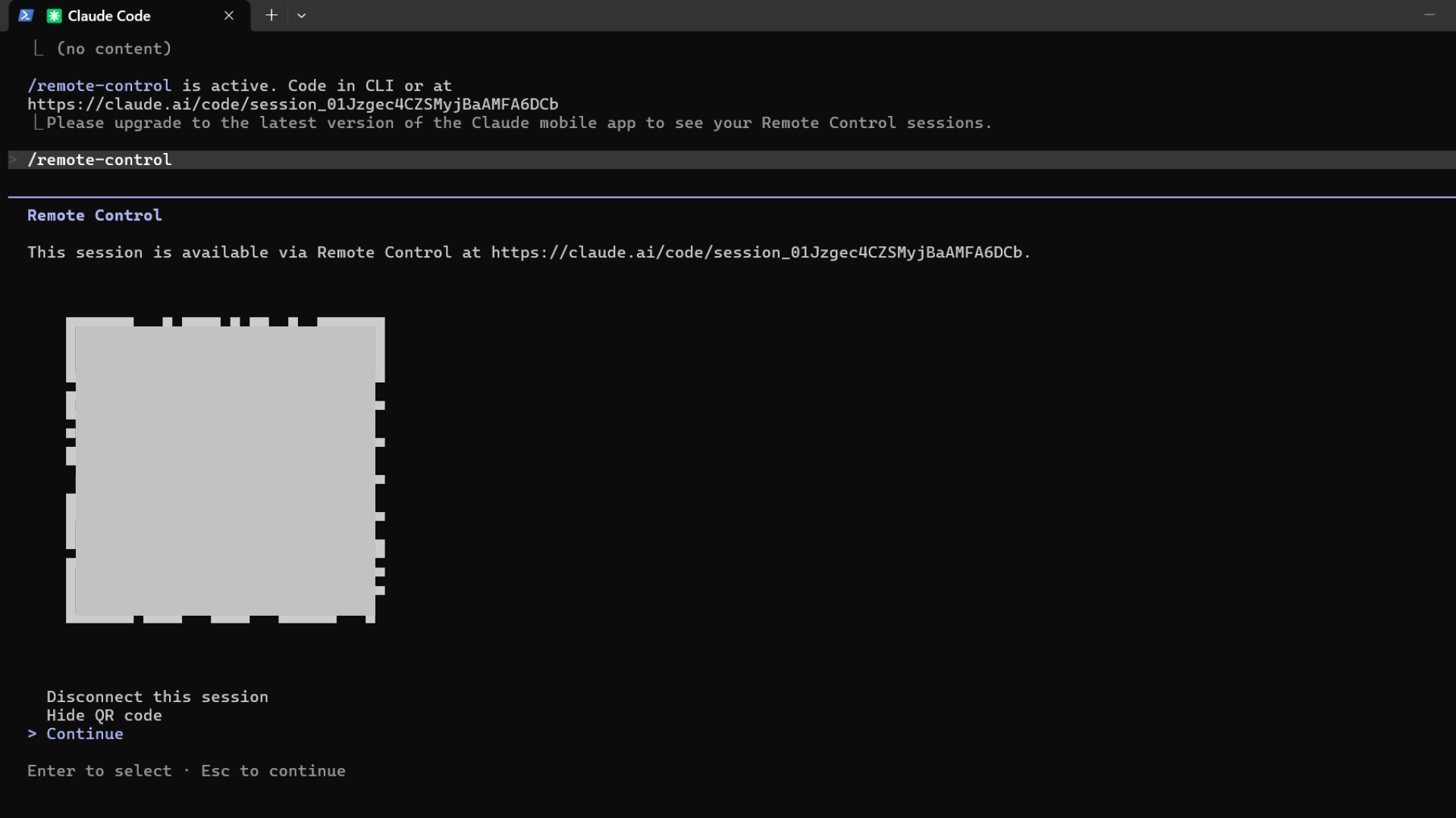 Remote ControlのQRコード表示画面で「Continue」を選択した状態。接続準備が完了しスマホからの操作を待機中