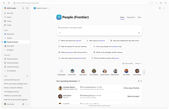 Enlarge Image A view of the People agent showing suggested prompts to gain more insights from people in an organization.
