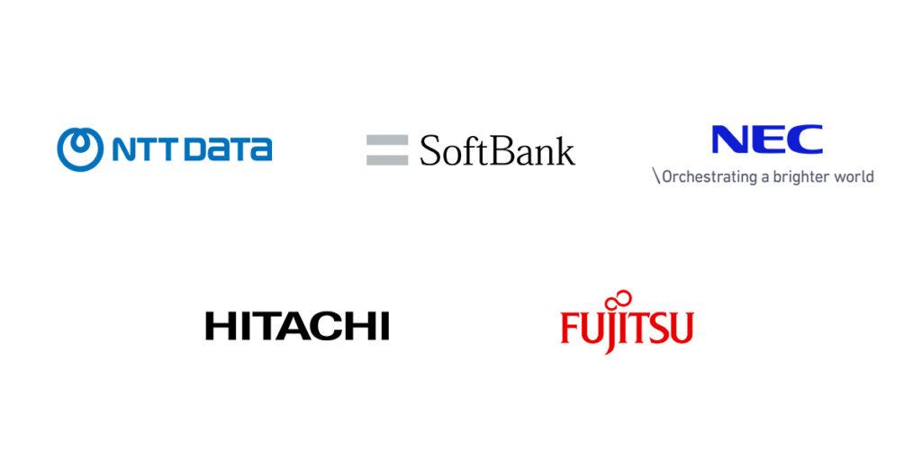 Partner logos with NTTData, SoftBank, NEC, Hitachi, Fujitsu