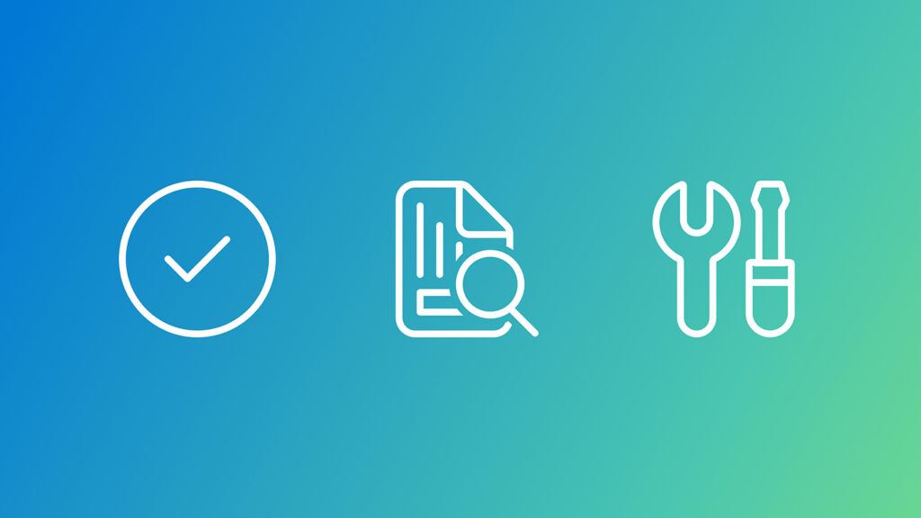 ADeLe | Three white line icons, showing a circle with a checkmark, a search document, and a set of tools, on a blue‑to‑green gradient background.