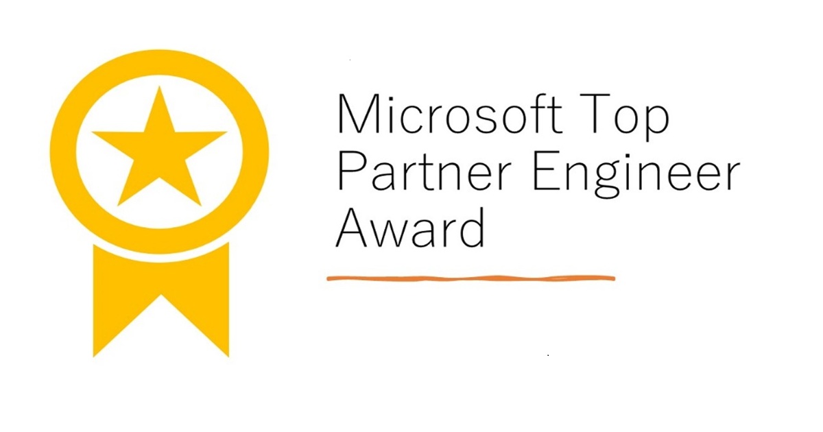 ゴールドの星と円のエンブレム。隣に「Microsoft Top Partner Engineer Award」の文字と、その下にオレンジ色の波線。