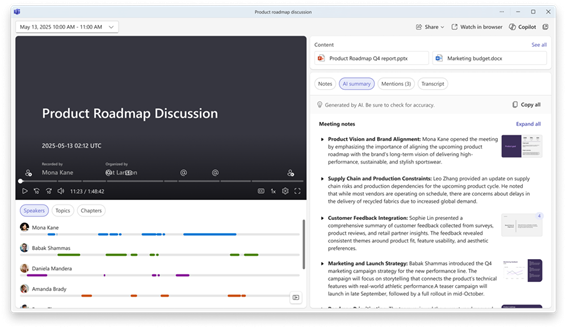 会議の要約の AI サマリーに、議論に影響を与えた視覚要素が含まれるようになりました。