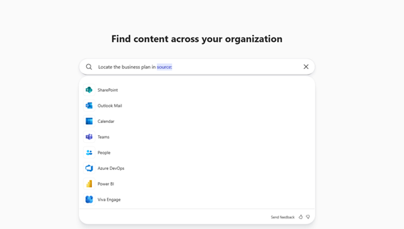 Enlarge Image A screenshot of the Microsoft 365 Copilot app on the Search module with a query suggesting different sources.