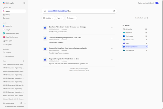Enlarge Image A screenshot of the Microsoft 365 Copilot app on the Search module with a search query of conversation history.