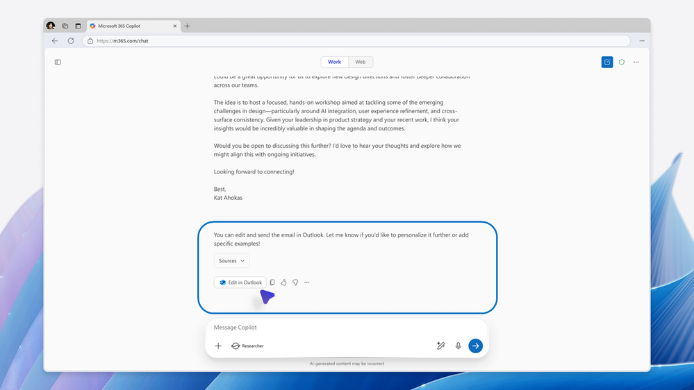 Copilot Chat における Outlook のメールおよび予定表との連携