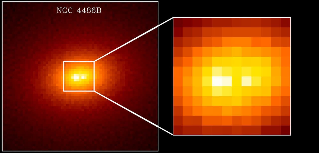 1997年にHST（ハッブル宇宙望遠鏡）が観測したNGC 4486B。銀河核が二重になっていることがわかる（Credit: Karl Gebhardt (University of Michigan), Tod Lauer (NOAO), and NASA）
