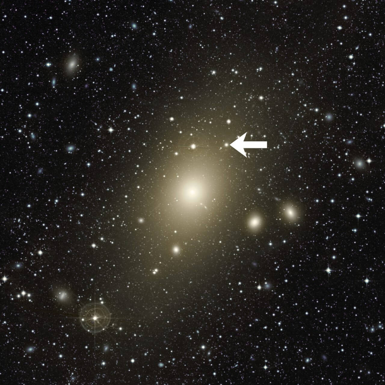 画像中央にあるのは地上の望遠鏡で撮影されたおとめ座銀河団の楕円銀河「M87（Messier 87）」。矢印の先にあるのが今回の研究対象のひとつである銀河「NGC 4486B」（Credit: Chris Mihos (Case Western Reserve University)/ESO; Edit: sorae編集部 - https://www.eso.org/public/images/eso1525a/）