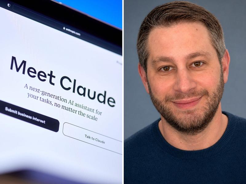 A split image shows the Claude AI website on a screen alongside a man smiling at the camera.