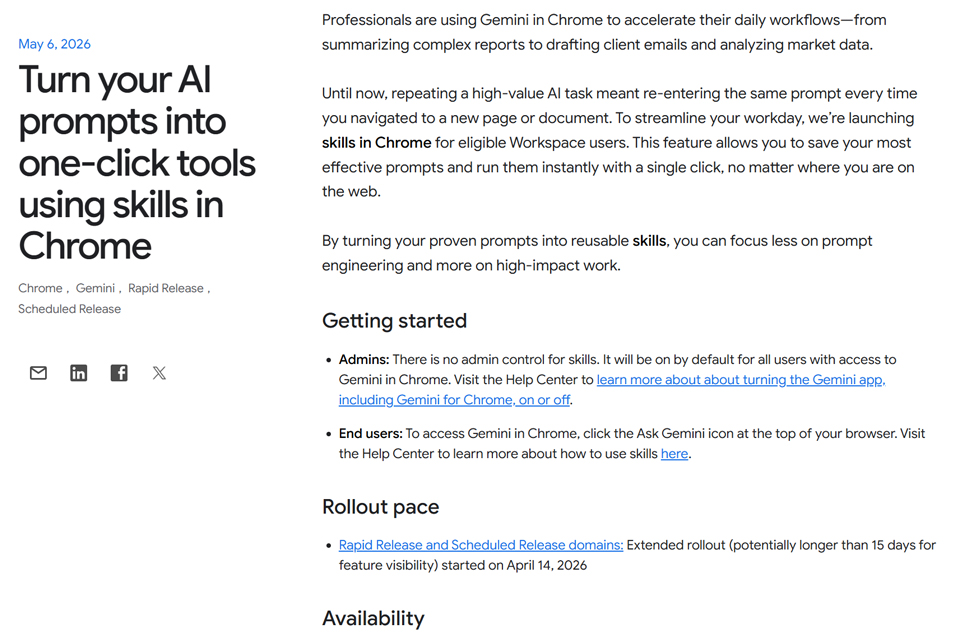 ニュース ChromeにGeminiへの指示をワンクリックで登録する新機能「Skills」 - AI Watch
