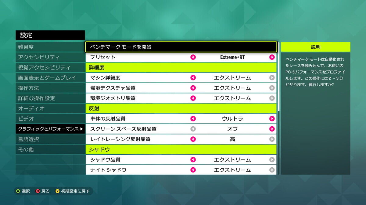画質は最上位プリセットの「Extreme+RT」を選択している