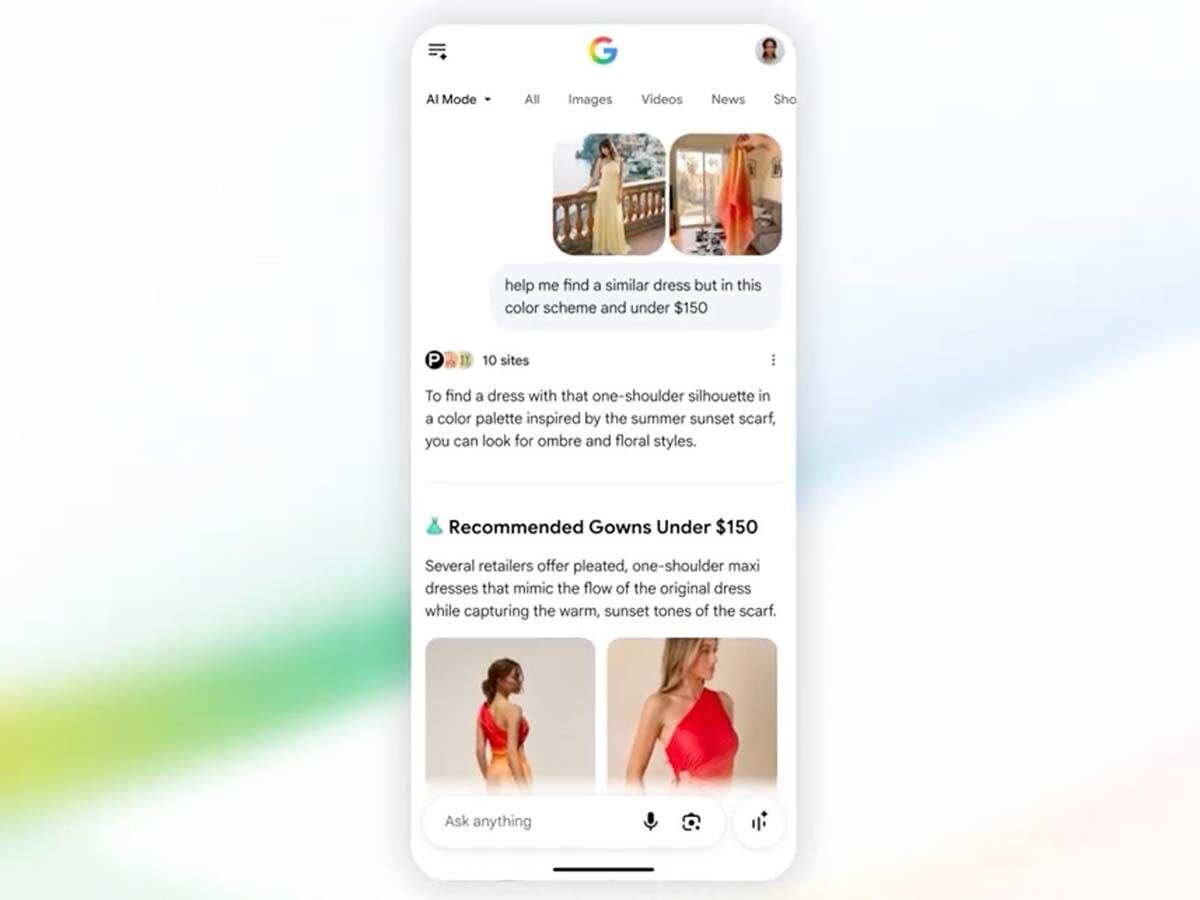 AI検索のイメージ。検索ボックスに長いテキストの質問文を入力したり、参照してほしい画像ファイルを添付して検索を開始すると、類似する製品が売っているショップや価格を教えてくれます。同じ画面から続けて質問もできます。Google検索というよりも、Geminiと会話を交わしている感覚でした