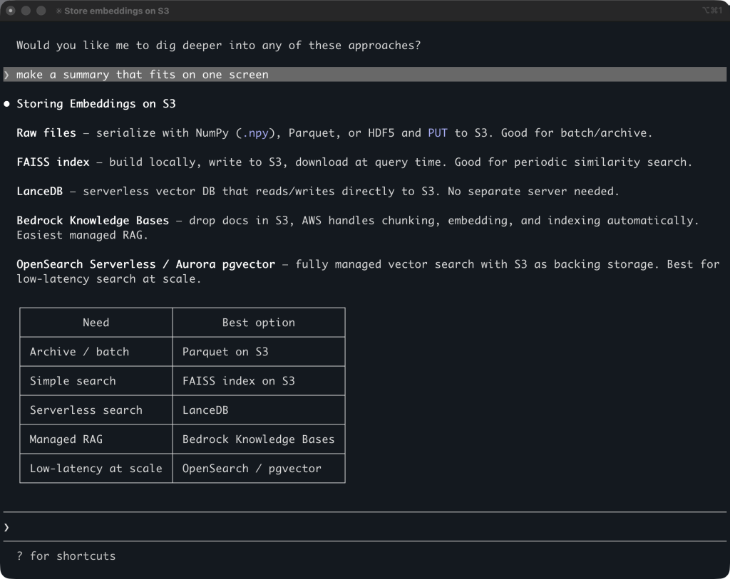 AWS MCP Server なしで、Opus 4.6 を使用して得られた S3 Vectors に関する Claude Code の応答