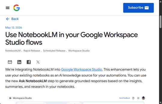 「Google Workspace Studio」に「NotebookLM」が統合 ～自動化にノートブックの知識を活用可能に（窓の杜） - Yahoo!ニュース