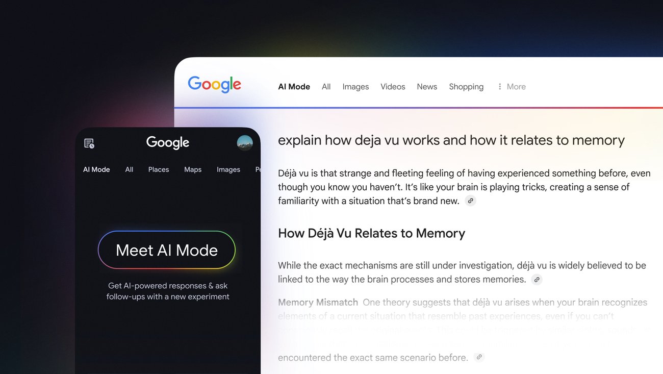 PhoneIslamによると、Google検索ページが表示され、デジャヴュと記憶に関する検索結果が表示されるとともに、暗いサイドバーが表示され、Google I/O 2026のイノベーションに触発されたAIによる応答を提供する「AIモード」を試すようユーザーに促している。