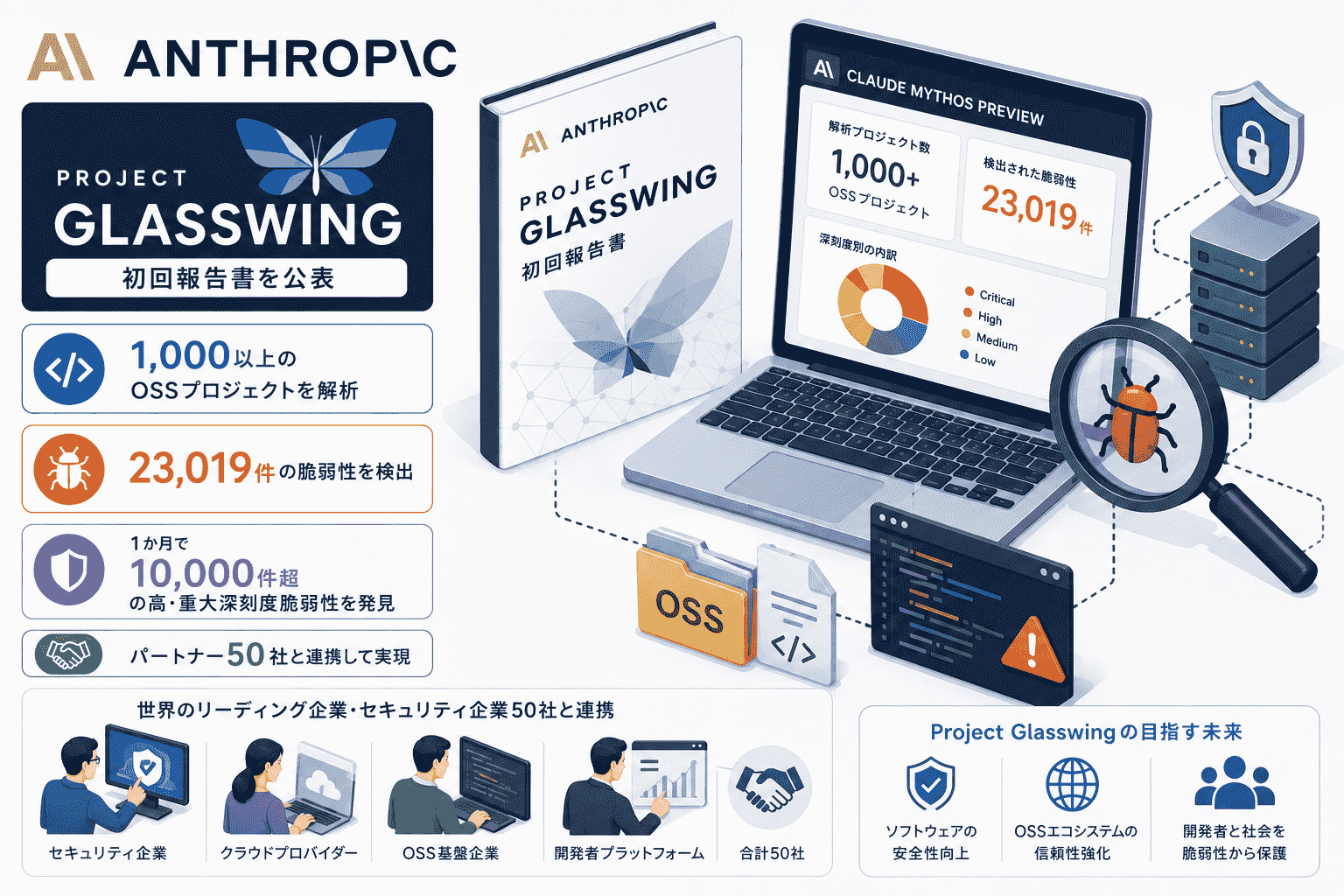 Anthropicが「Project Glasswing」初回報告書を公表-Claude Mythos Previewが1,000以上のOSSプロジェクトで23,019件の脆弱性を検出・パートナー50社と合わせ1か月で10,000件超の高・重大深刻度脆弱性を発見。