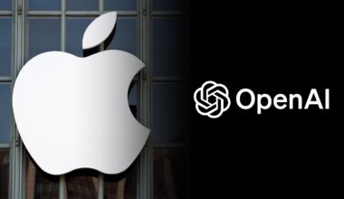 PhoneIslamより：左側の反射する建物にAppleのロゴが表示され、右側の黒い背景にOpenAIのロゴとテキストが表示されており、AppleとOpenAIの対立を強調している。