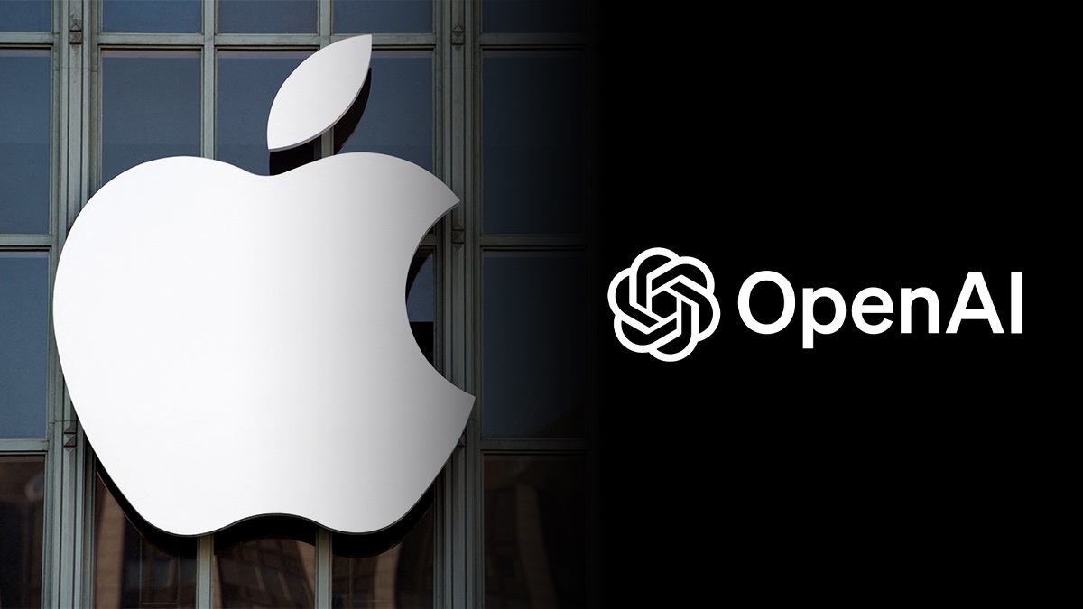 PhoneIslamより：左側の反射する建物にAppleのロゴが表示され、右側の黒い背景にOpenAIのロゴとテキストが表示されており、AppleとOpenAIの対立を強調している。