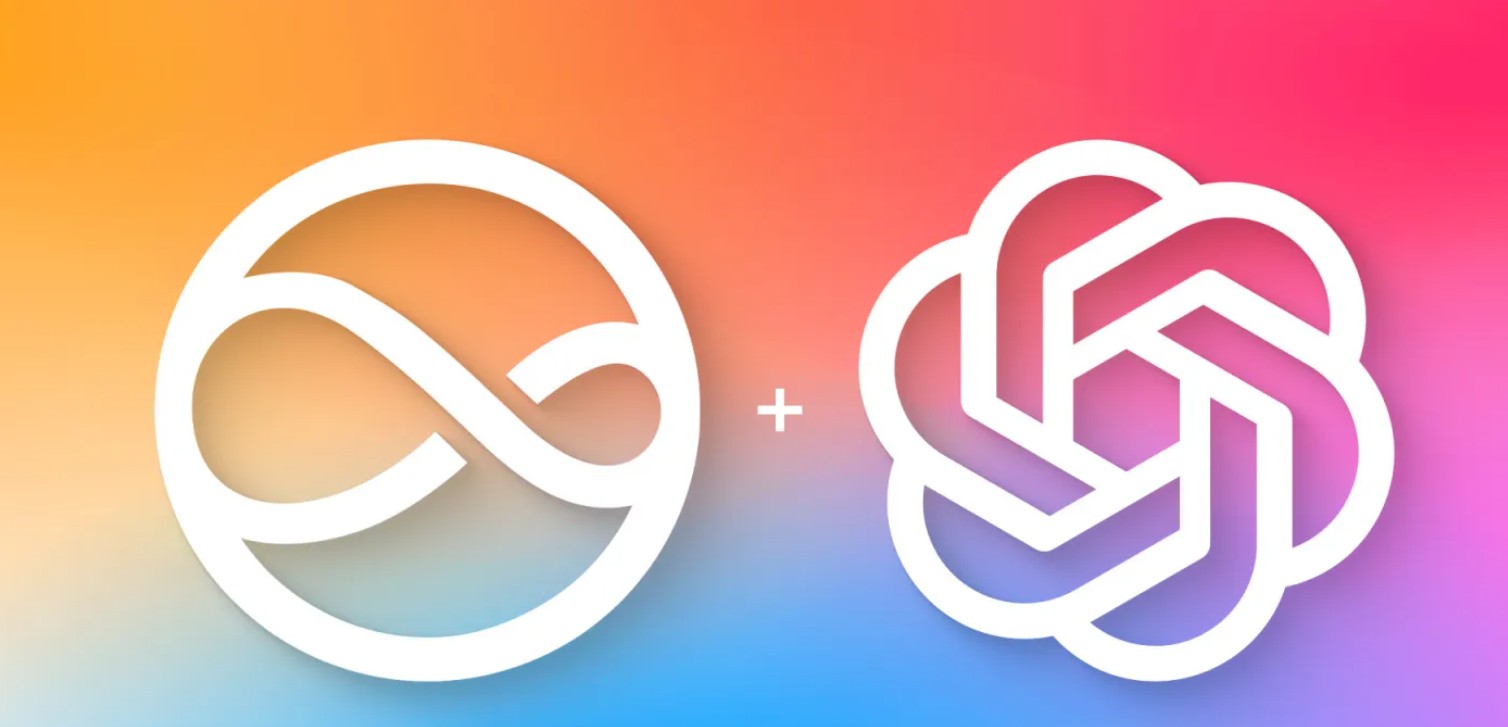Phone Islam より: Siri と ChatGPT を表す白い Infinity と OpenAI のロゴが、オレンジ、黄色、ピンク、紫の鮮やかなグラデーションの背景に、プラス記号で区切られて並んで表示されます。