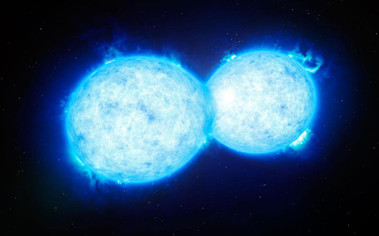 接触連星「VFTS 352」の想像図。2つの高温・大質量星は表面の一部が重なり合っており、両星の間には物質の「橋」が形成されている（Credit: ESO/L. Calçada）