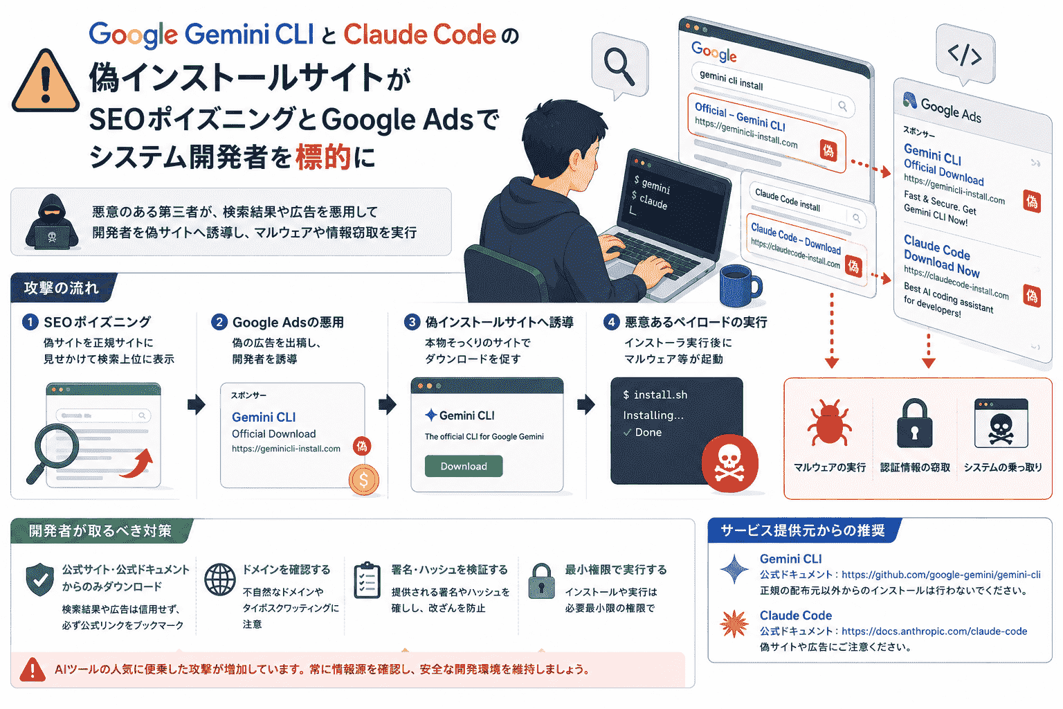 Google Gemini CLIとClaude Codeの偽インストールサイトがSEOポイズニングとGoogle Adsでシステム開発者を標的に