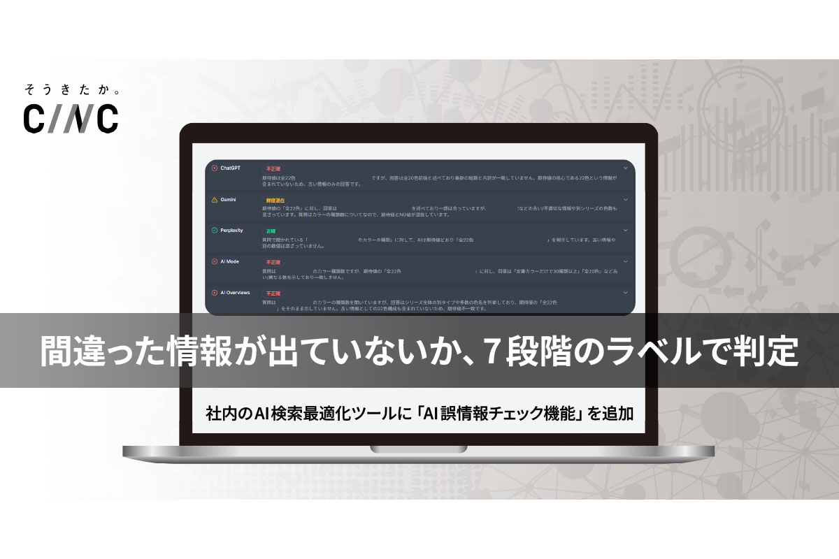 ニュース CINC、ChatGPTやGeminiなど生成AIに間違った情報が出ていないか確認可能なツールを導入 - AI Watch