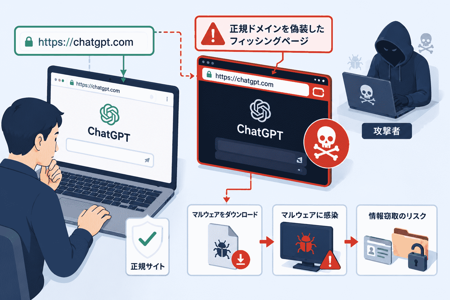 ChatGPTの正規ドメイン（chatgpt.com）を偽装ページに使うマルウェア キャンペーン