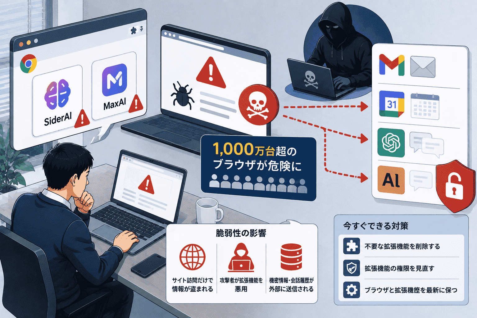 ChromeのAI 拡張機能 SiderAI・MaxAIに重大な脆弱性-1,000万台超のブラウザでGmail・カレンダー・Claude/ChatGPTの会話履歴がサイト訪問だけで盗まれる危険性