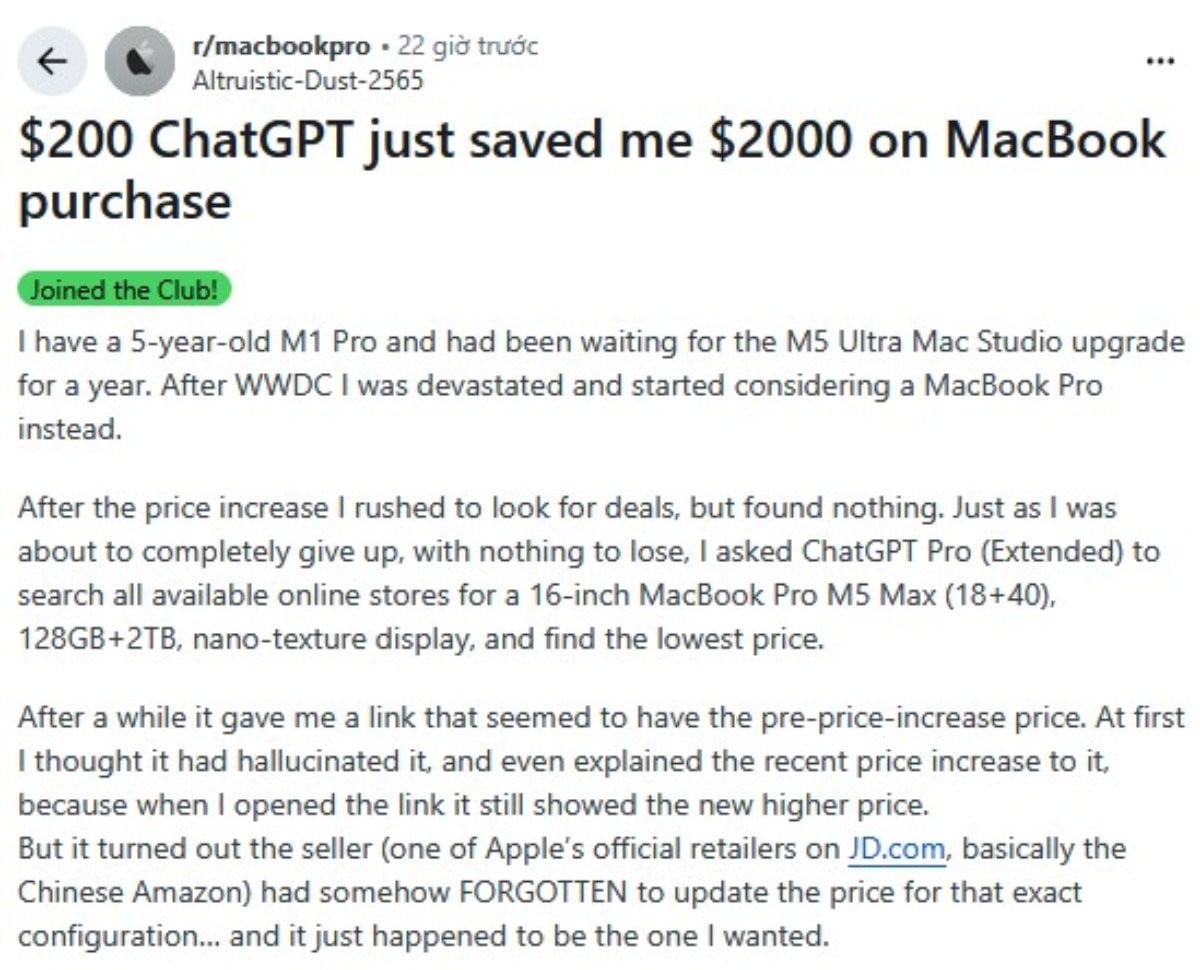 ChatGPT Proのおかげで、あるユーザーはMacBook Pro M5 Maxを購入する際にかなりの金額を節約できた。