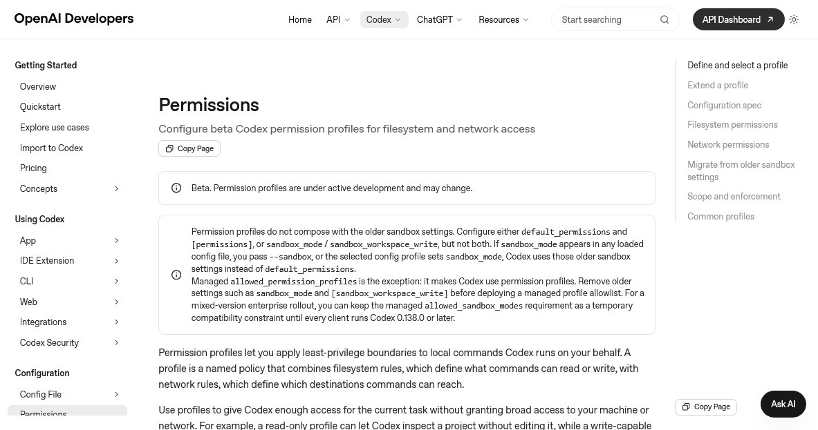 OpenAI、Codexのベータ機能「Permission profiles」を案内 ――config.tomlでファイルアクセスと通信先を制御 | gihyo.jp