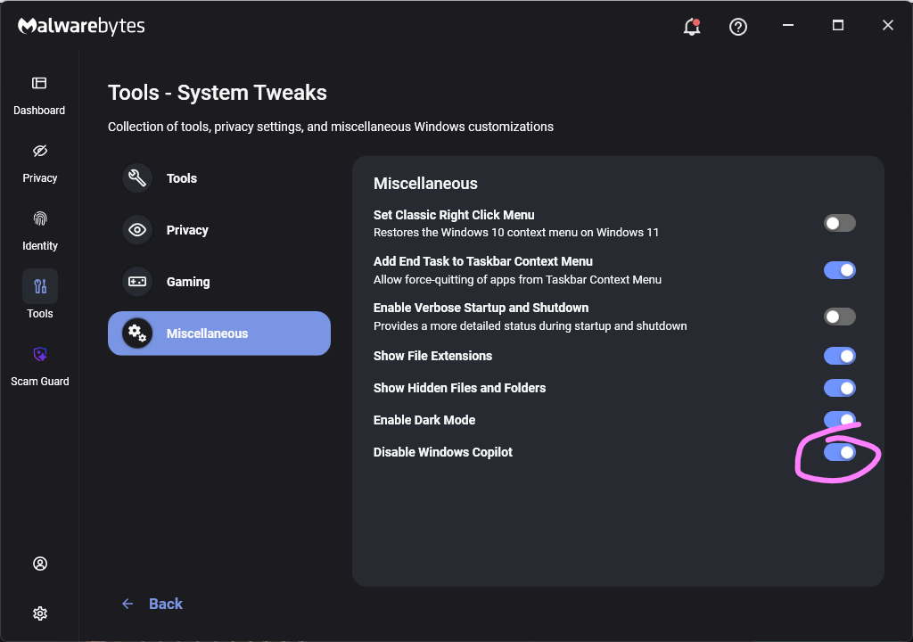 Malwarebytes コパイロットを無効にする設定